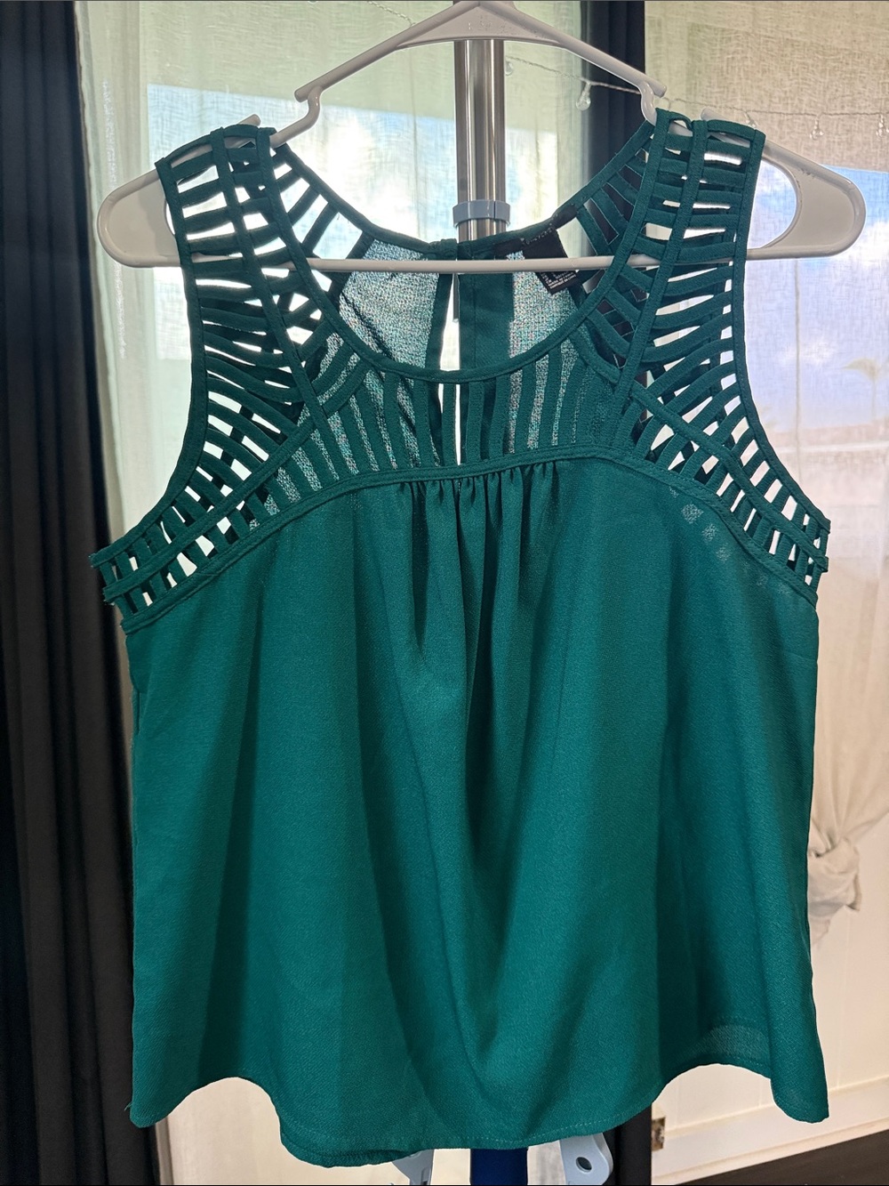 Forever 21 Teal Laser-Cut Yoke Tank Top